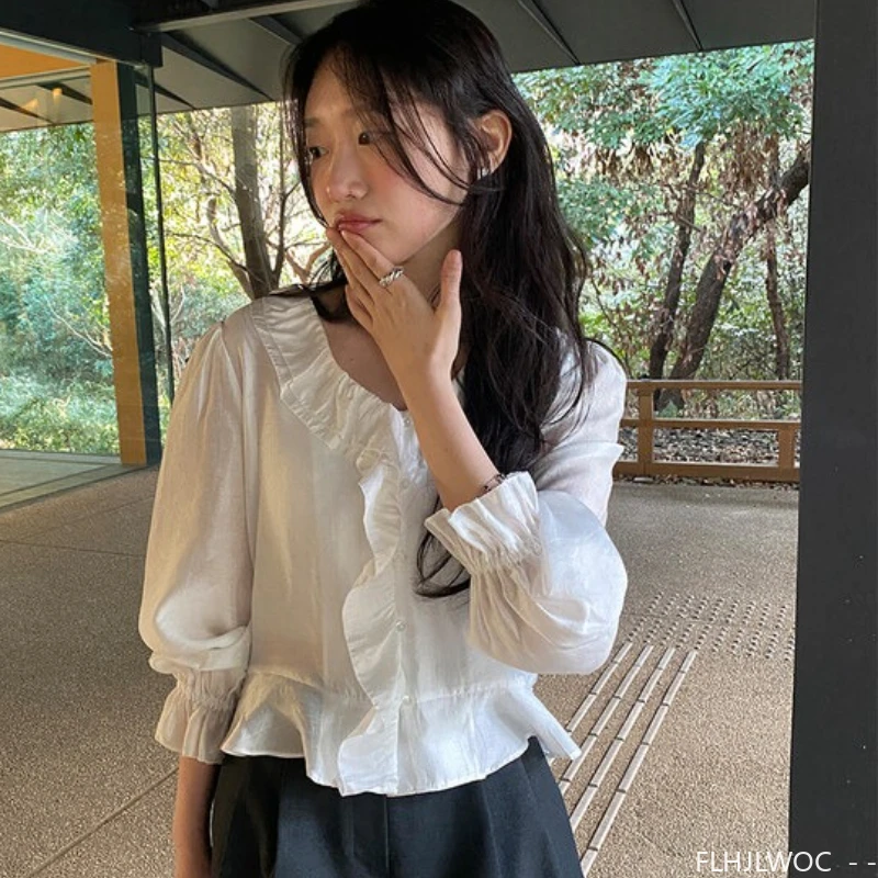 짧고 얇은 투명 탑 블라우스 새로운 패션 여성 일본 소녀 귀여운 레트로 빈티지 러플 탑 프레피 스타일 기본 셔츠