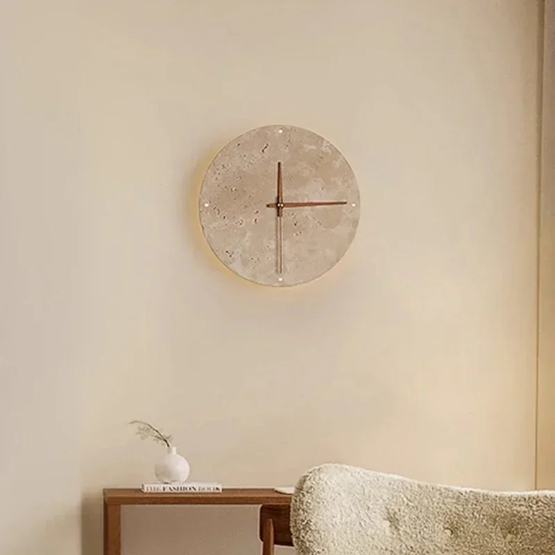 

Marble Clock Wall Light Creative Wabi Sabi Yellow Living Room Nordic Restaurant Corridor Circular Travertine Decor Sconce Lamp