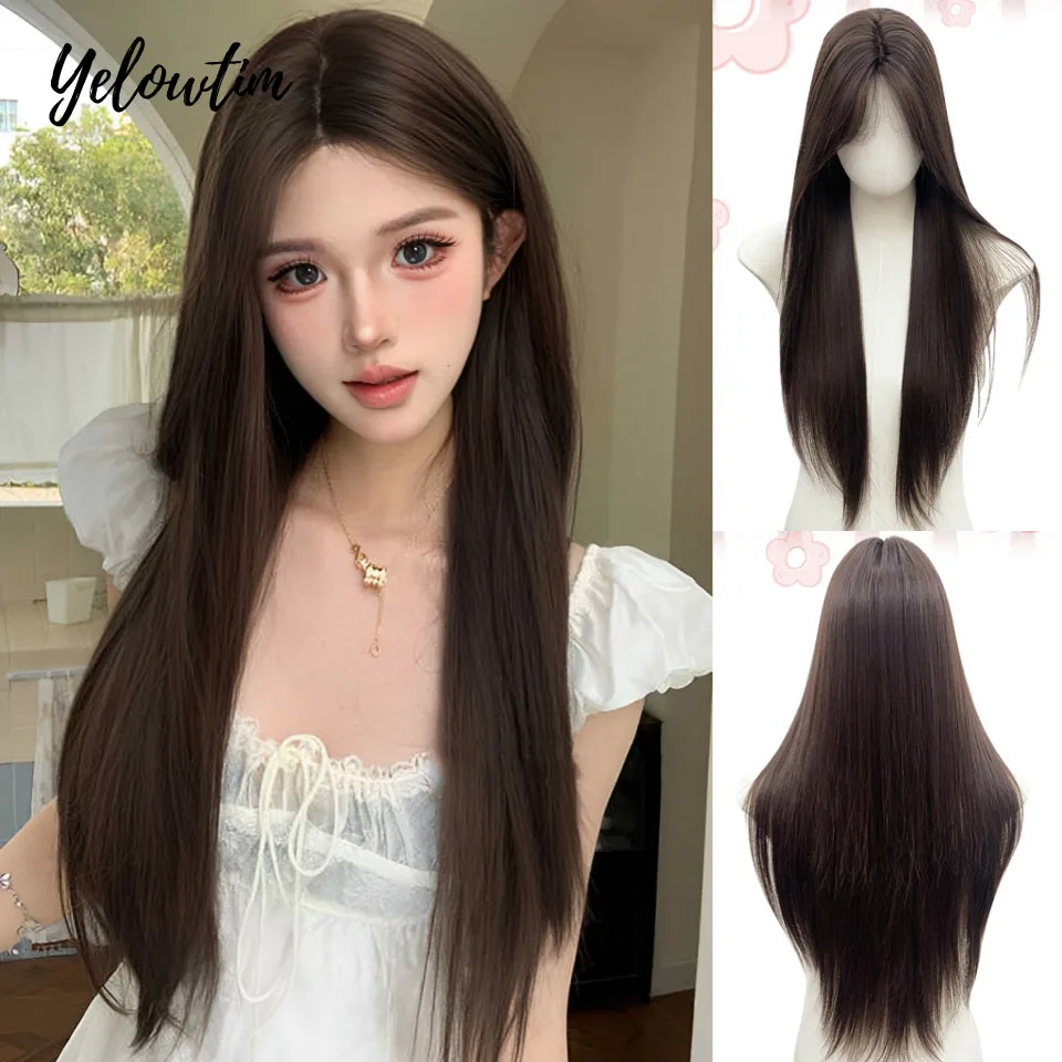 

Длинные прямые многослойные черно-коричневые парики с аккуратной челкой, синтетический парик из натуральных искусственных волос для женщин, повседневные парики для косплея, LM