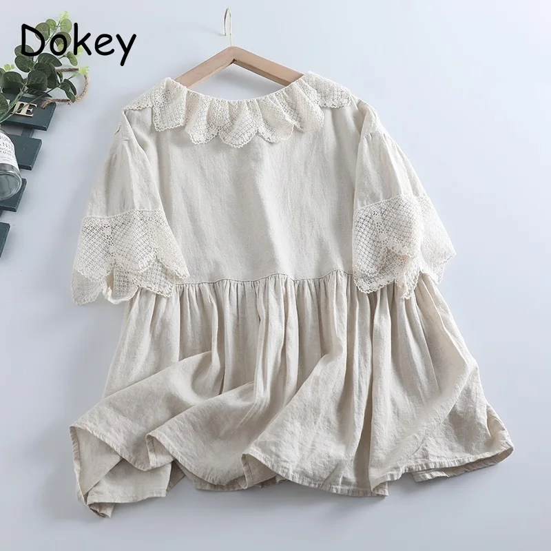 Vintage Lace Ruffled Cotton Linen Shirt Women Summer Sweet Mori Girl Kawaii Short Sleeve Top Japan Style Casual Loose Doll Shirt