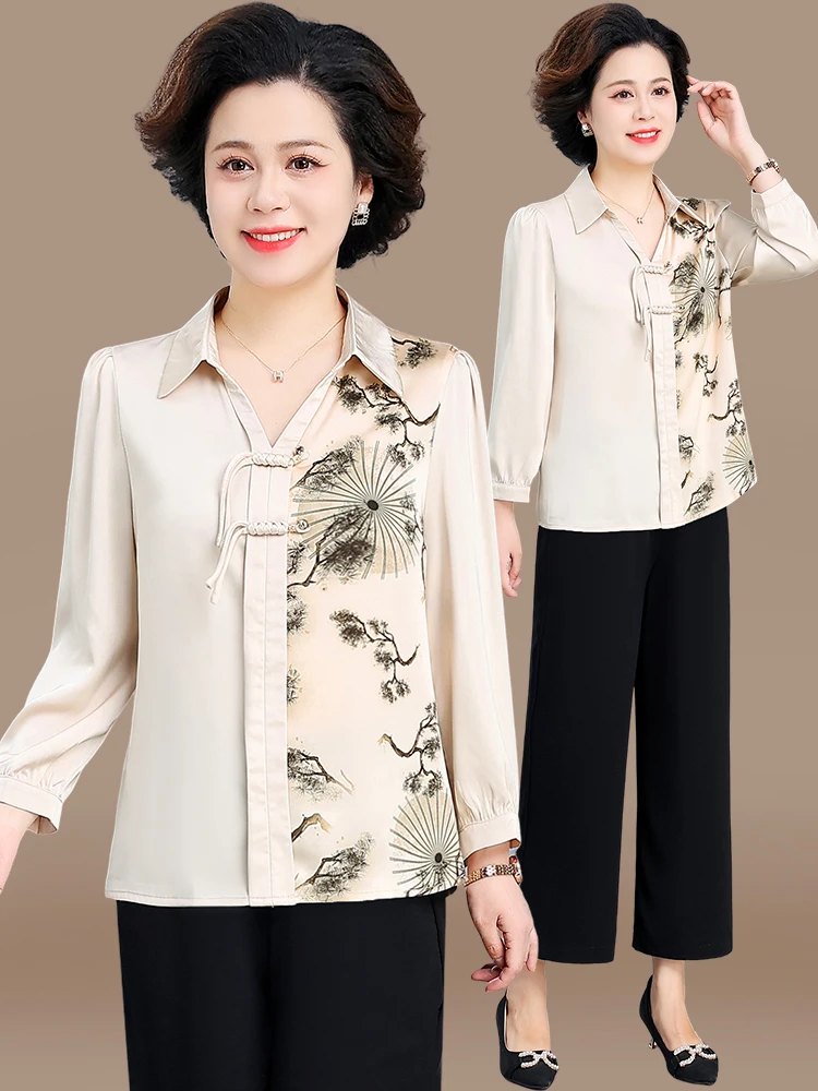 

Ele Mom Spring Faion 2025 New Chiffon Blouse Set for Middle-Aged Women Lad Spring Summer Top High Quali Housewife