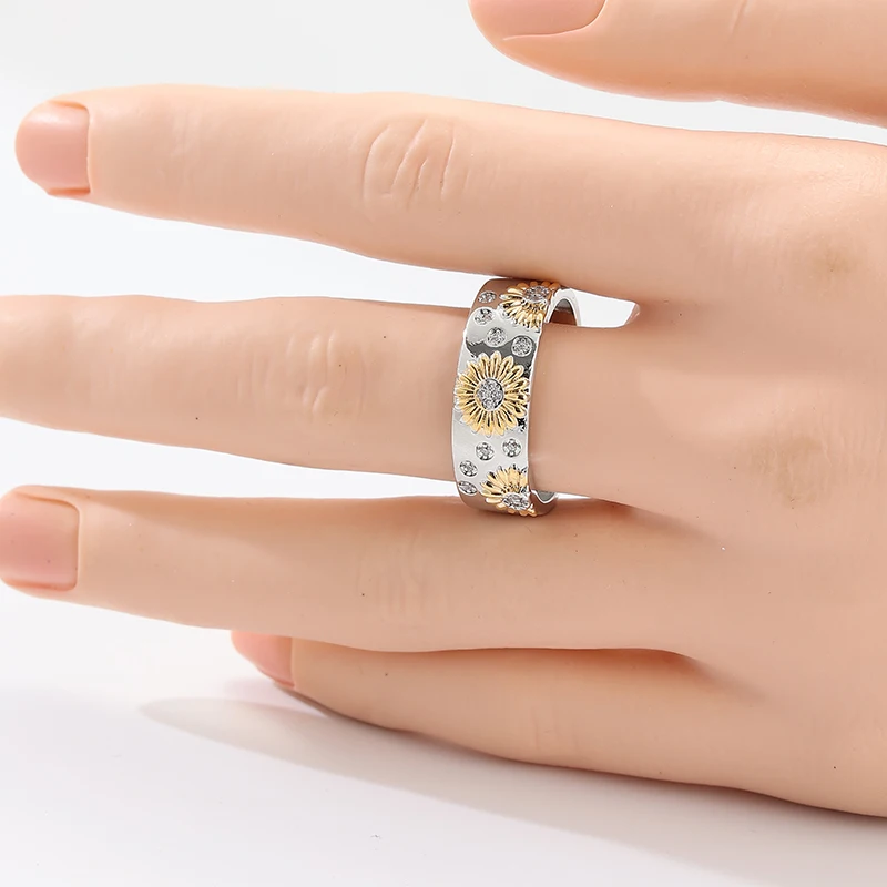 Minimalist Inlaid White CZ Women's Ring Classic Two Color Hand Carving Flower Daily Wear Party Jewelry Anniversary Gift
