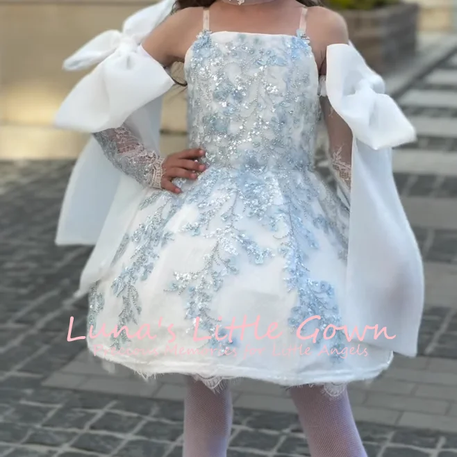 

Spaghetti Strap Detachable Bow Lace Sleeve Flower Girl Dress For Wedding Birthday Photo Shoot Blue Floral Sequin Embroidery