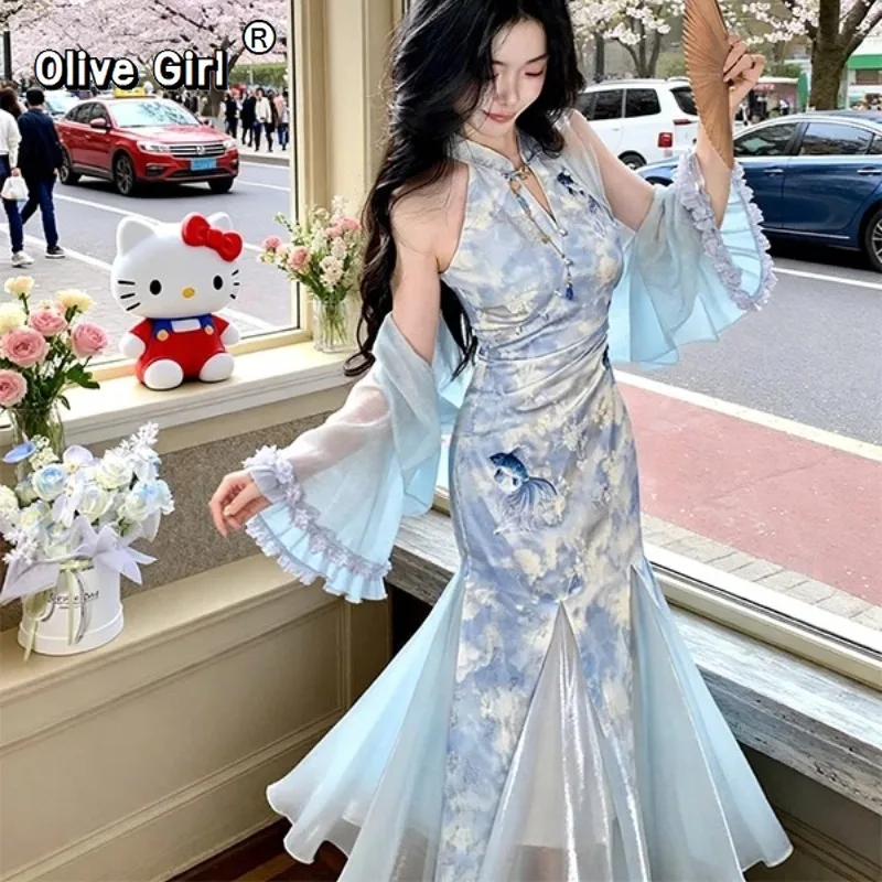 olivegirl-abito-estivo-da-donna-cheongsam-qipao-stile-cinese-in-garza-dorata-stampata-vestito-a-coda-di-pesce-migliorato-cardigan-blu