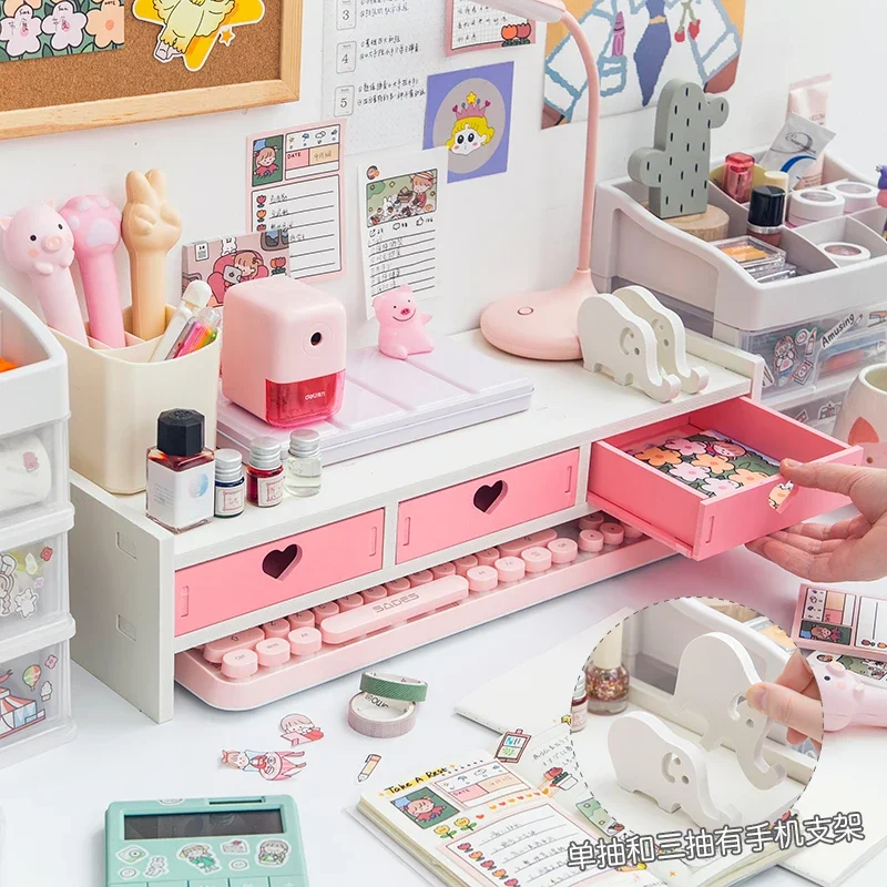 Pink Desktop Computer Monitor Girl Heart Heightening Shelf Office Dormitory  Organizer Ins Stationery Sundry Home Storage Racks