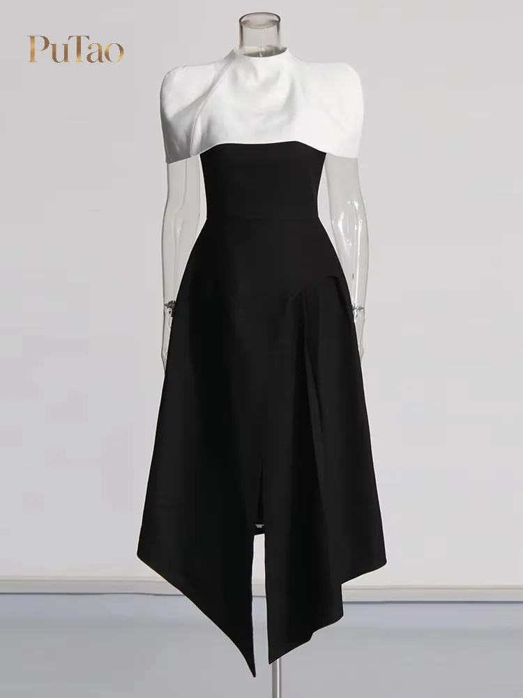 PuTao Black White Patchwork High Neck Cape Shoulder Midi Dress Irregular Split Hem Dubai Saudi Ladies Wedding Banquet Formal
