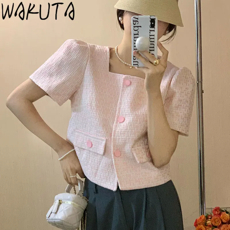 

WAKUTA Korean 2024 Office Lady Crop Shirts Women Office Business Ladies Square Neck Short Sleeve Tweed Plaid Cardigans Coats