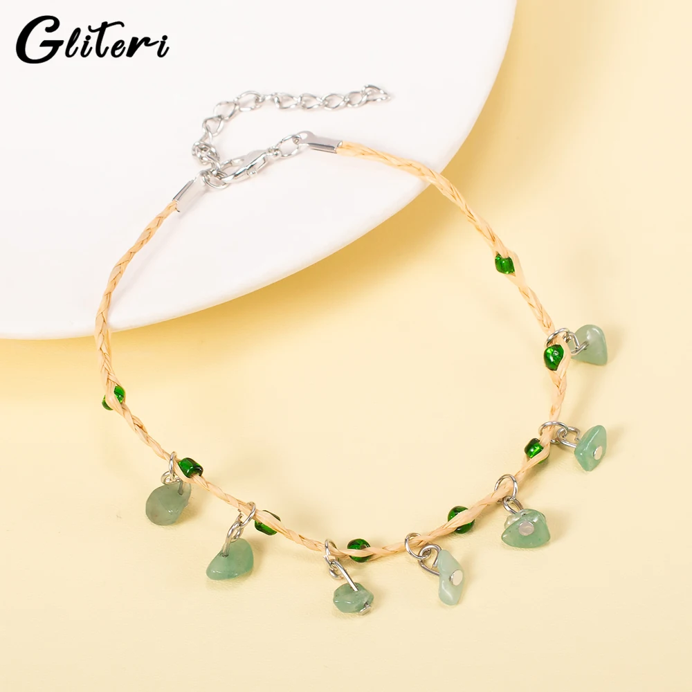 GEITERI Bohemia Crushed Stone Anklets For Women Girls Irregular Green Stones Crystal Foot Chain Vintage Jewelry Beach Female New