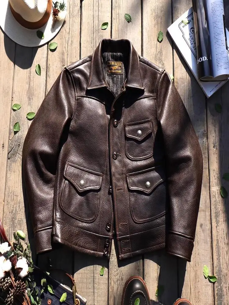 

YR!Free shipping.1.6mm thick heavy Full Grain cowhide jacket.Classic Vintage casual style leather coat.Western Brown Natural