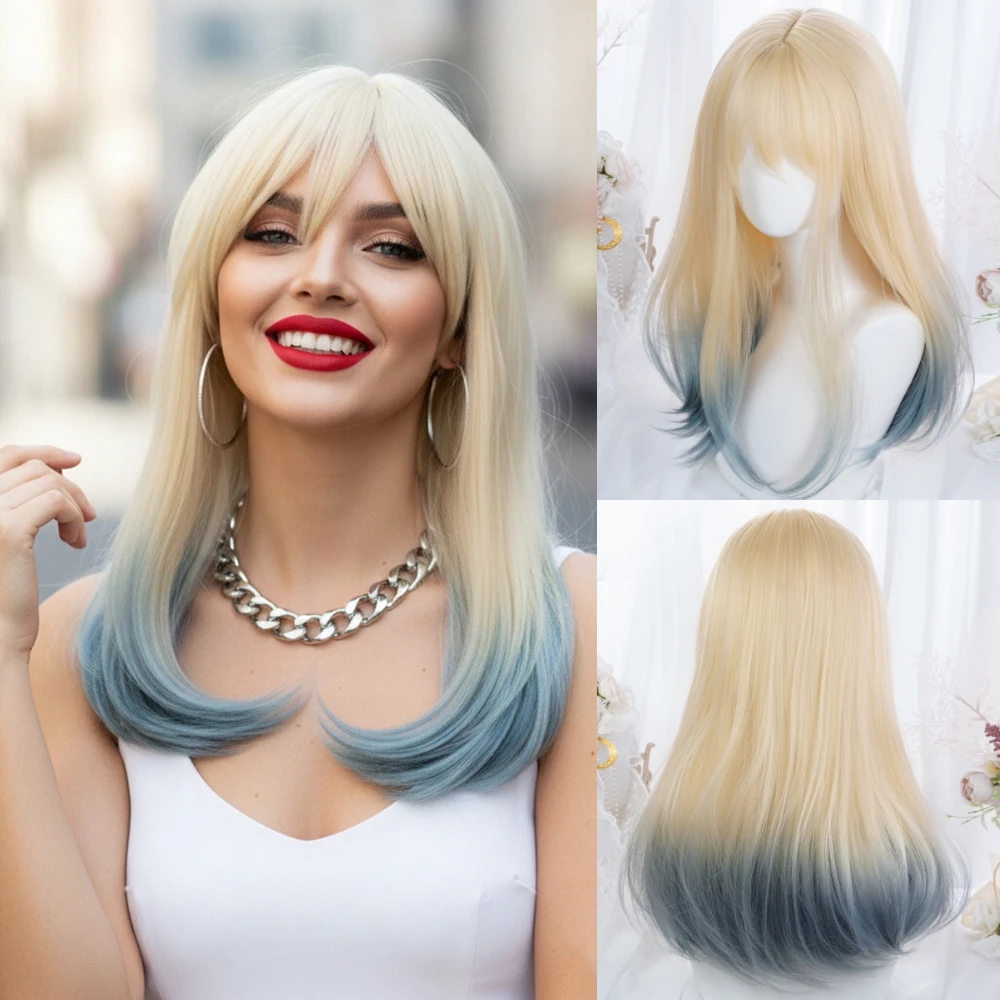 

MSIWIGS Women Long Lolita Wig With Bangs Blonde Ombre Blue Synthetic Cosplay Party Pink Purple Straight WavyHair For Female Girl