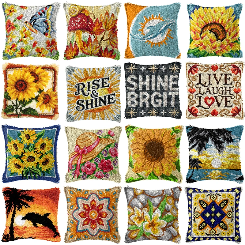 DIY Latch Hook Kit Yellow Striped Plaid Cushion Pillowcase Canvas Crochet Carpet Sunflower Embroidery Carpet Knitted Knot Pillow