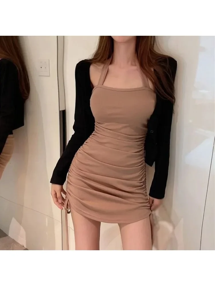 Neckholder Kordelzug Schwarz Minikleid Frauen Schulterfrei Sexy Party Club Tank Bodycon Kurze Sommerkleider