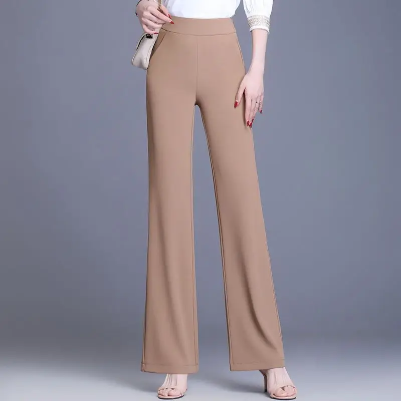 Simplicity Office Lady Summer Pants Women Solid Color Elastic Waist Pockets High Waist Fashion Slim Straight Casual Flare Pants