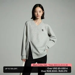 Toyouth Women Sweatshirts 2024 Autumn Long Sleeve V Neck Loose Hoodie Unique Zippered Split Hem Casual Chic Pullover Tops