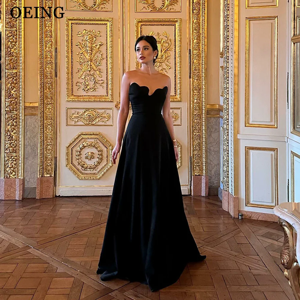 OEING Black Strapless Evening Party Dresses Sexy Sleeveless Stain Floor Length A Line Prom Gowns Wedding Event Guest Dress