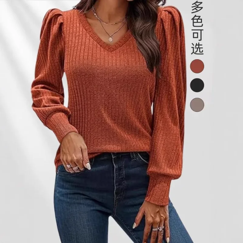 Herbst und Winter Damen Langarm T-Shirt Strickpullover mit Blasenärmeln V-Ausschnitt Modisches Top Y2k Kleidung