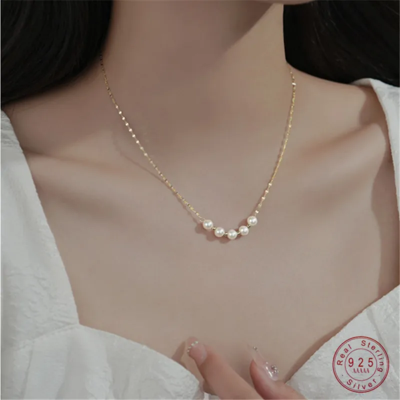 

925 Sterling Silver Light Luxury Simple Pearl Necklace Clavicle Chain for Women French Temperament Wedding Jewelry Accessories