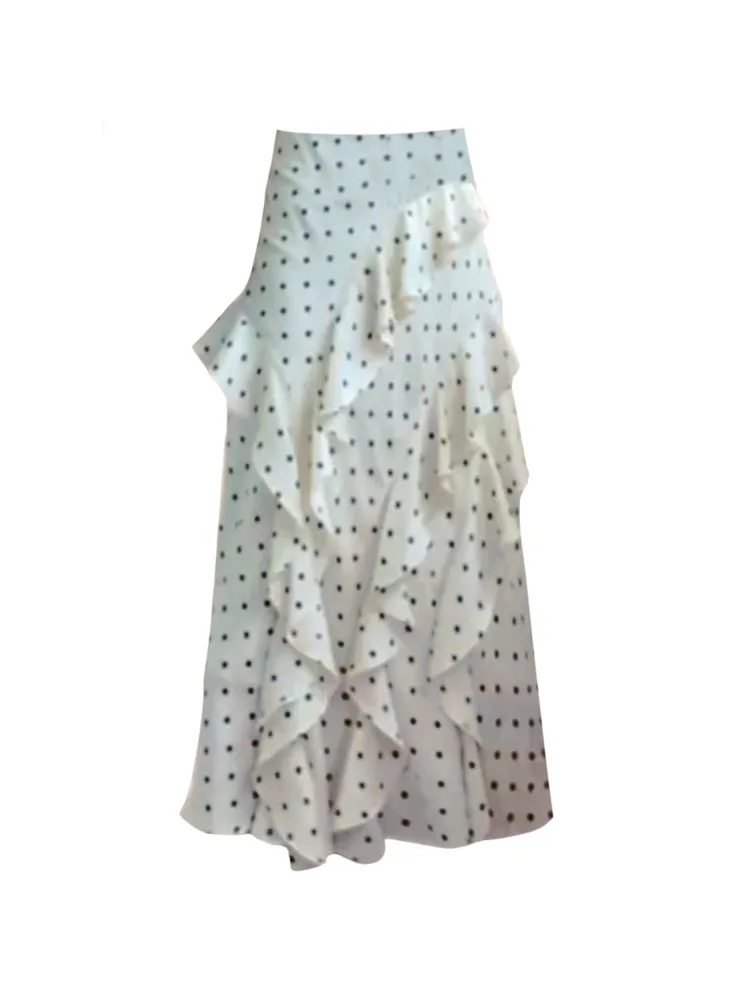 French Elegance Ins New Design Polka Dot Slim High Waist A-line Skirt Summer Women Fashion Asymmetrical Ruffle Knee-Length Skirt