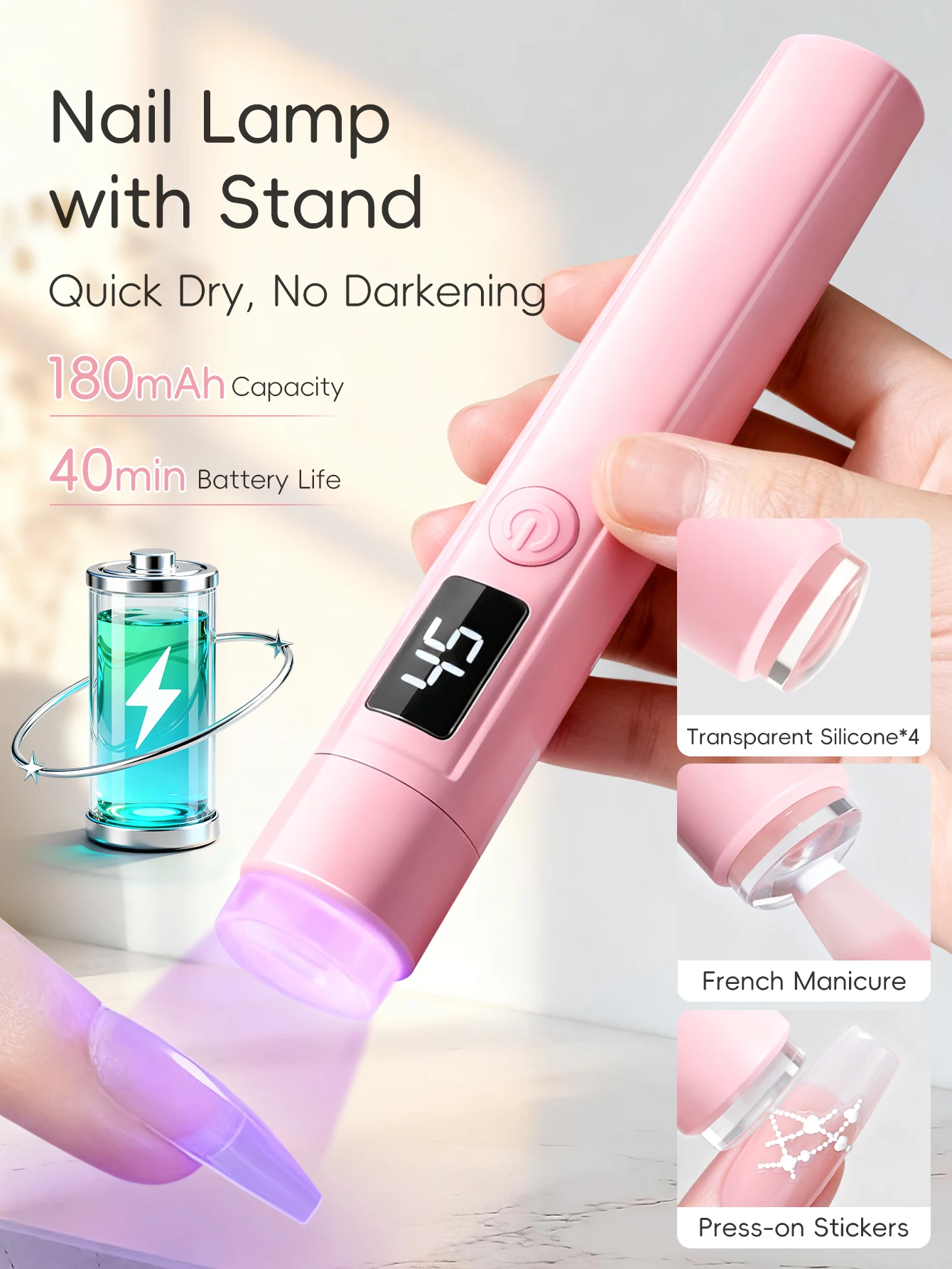 Lampe de manucure rose à main avec support d'affichage d'écran, support multifonctionnel rotatif à 360 degrés, bâton chauffant pour pointe d'ongle, 1 pièce