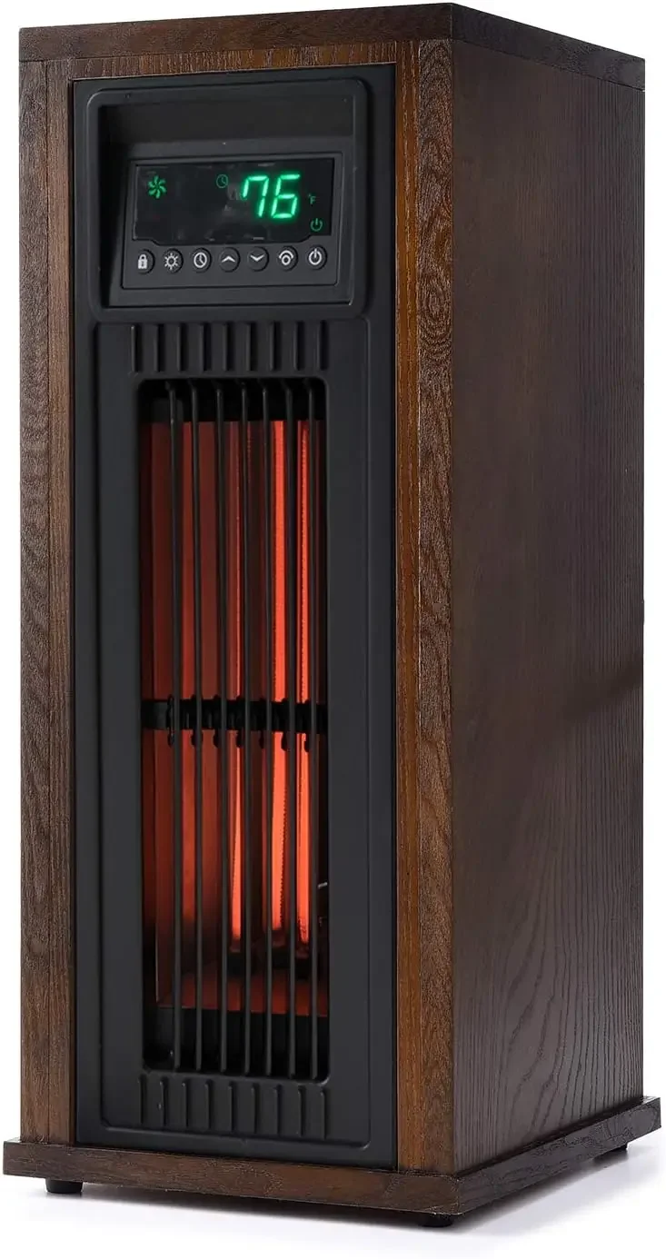 23 Inch Portable Electric Infrared Tower Space Heater for Indoor Use with 3 Heating Elements, Thermostat, and Remote, Brown