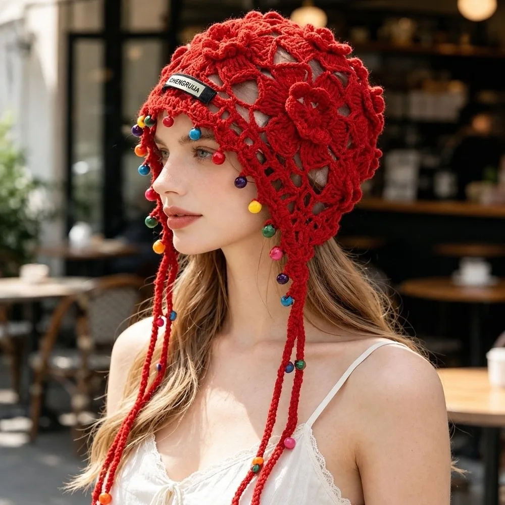 Openwork Crochet Knitted Beanie Color Bead Tassel Soft Yarn Fabric Boho Hat Hand‑hooked Craft Drawstring Strap Crochet Headwrap