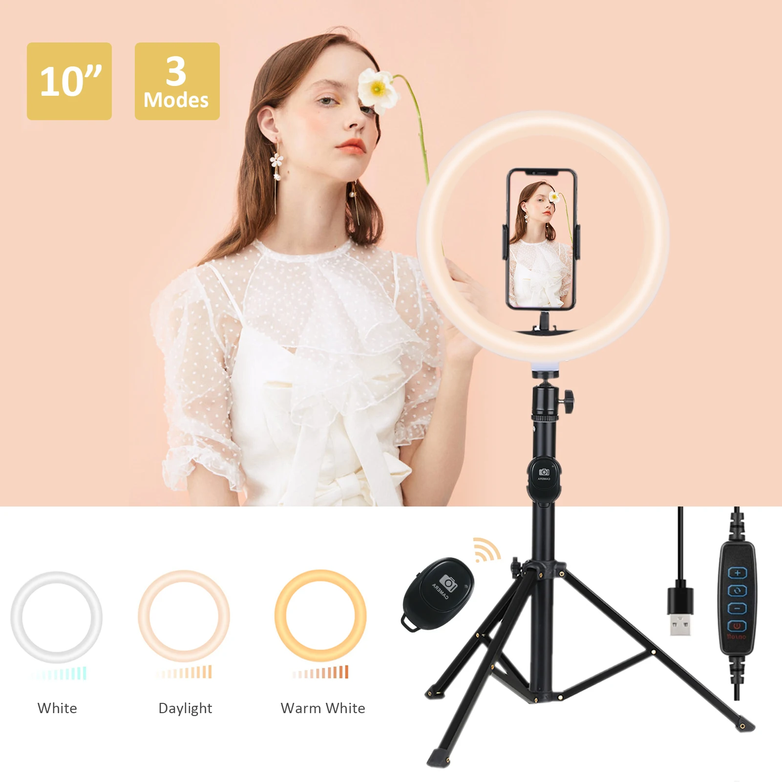 Tomshine 10 Inches Dimmable Ring Light Set DC5V 12W 120 LEDs Round Camera Lamp with Tripod Stand BT Remote Control 3 Lighting