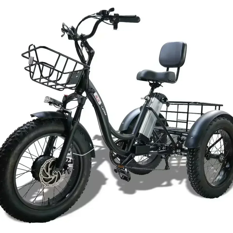 Electric Tricycle Fat Tire 20 Inch 500W48V12AH Lithium battery Snow Cargo Ebike Leisure Large Storage Basket Adult for traveling