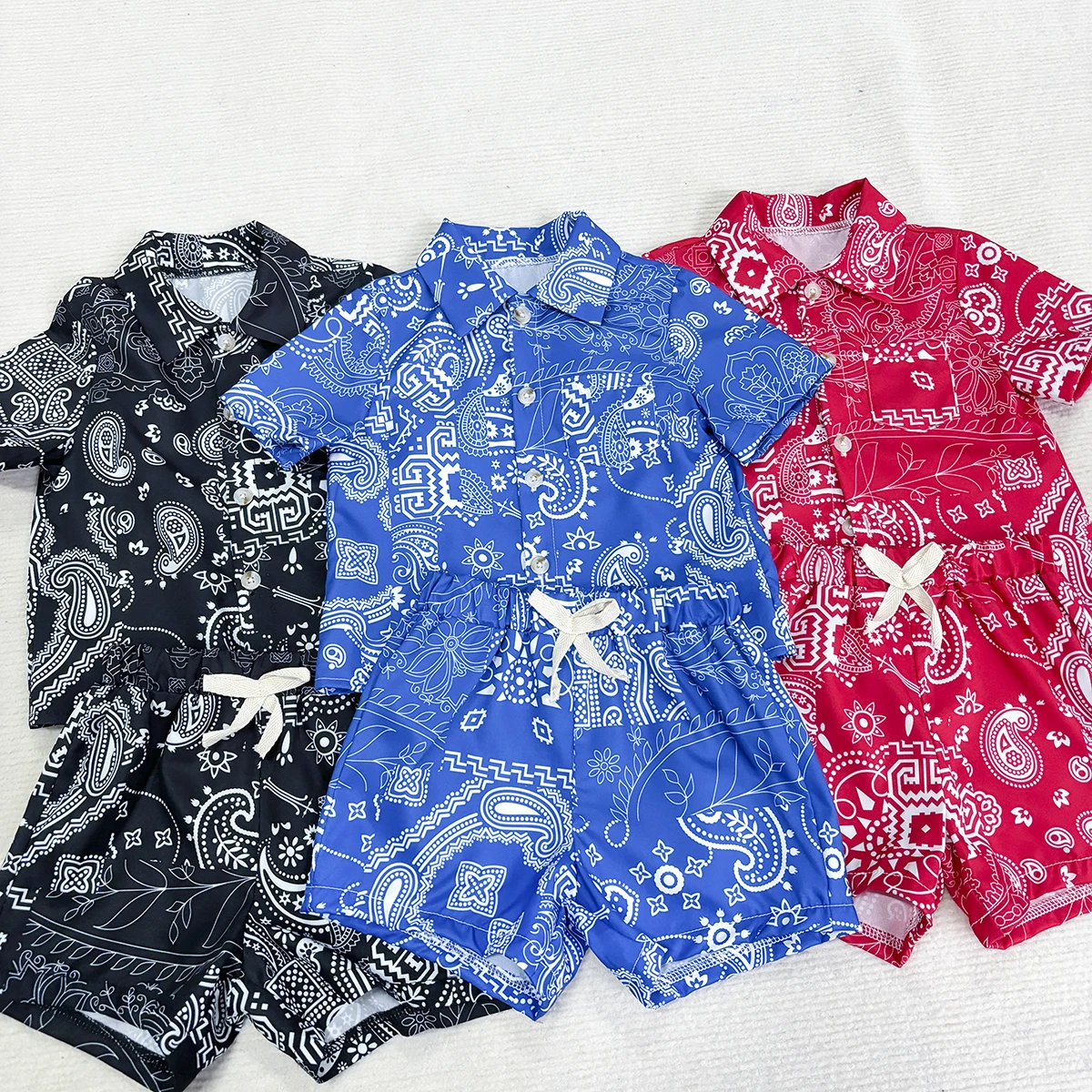 

Toddler Summer Suit Boys Full Print Single Breasted Lapel T Shirt Top + Loose Shorts 2pcs Kids Soft Skin Friendly