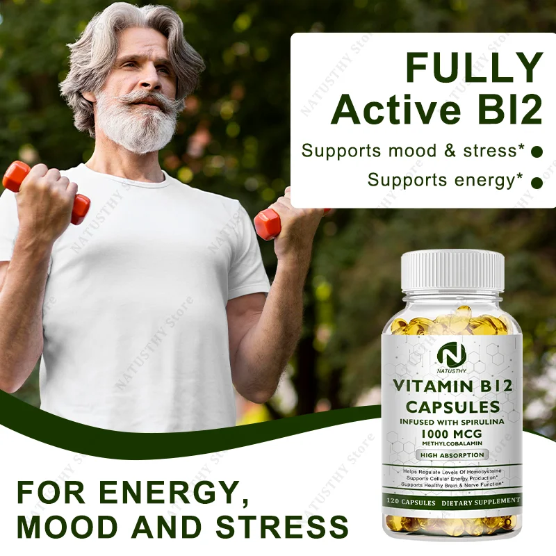 1000mcg Vitamin B12 Capsules With Organic Spirulina - Immune Nervous System - Support Mental Clarity - Energy Metabolism Support