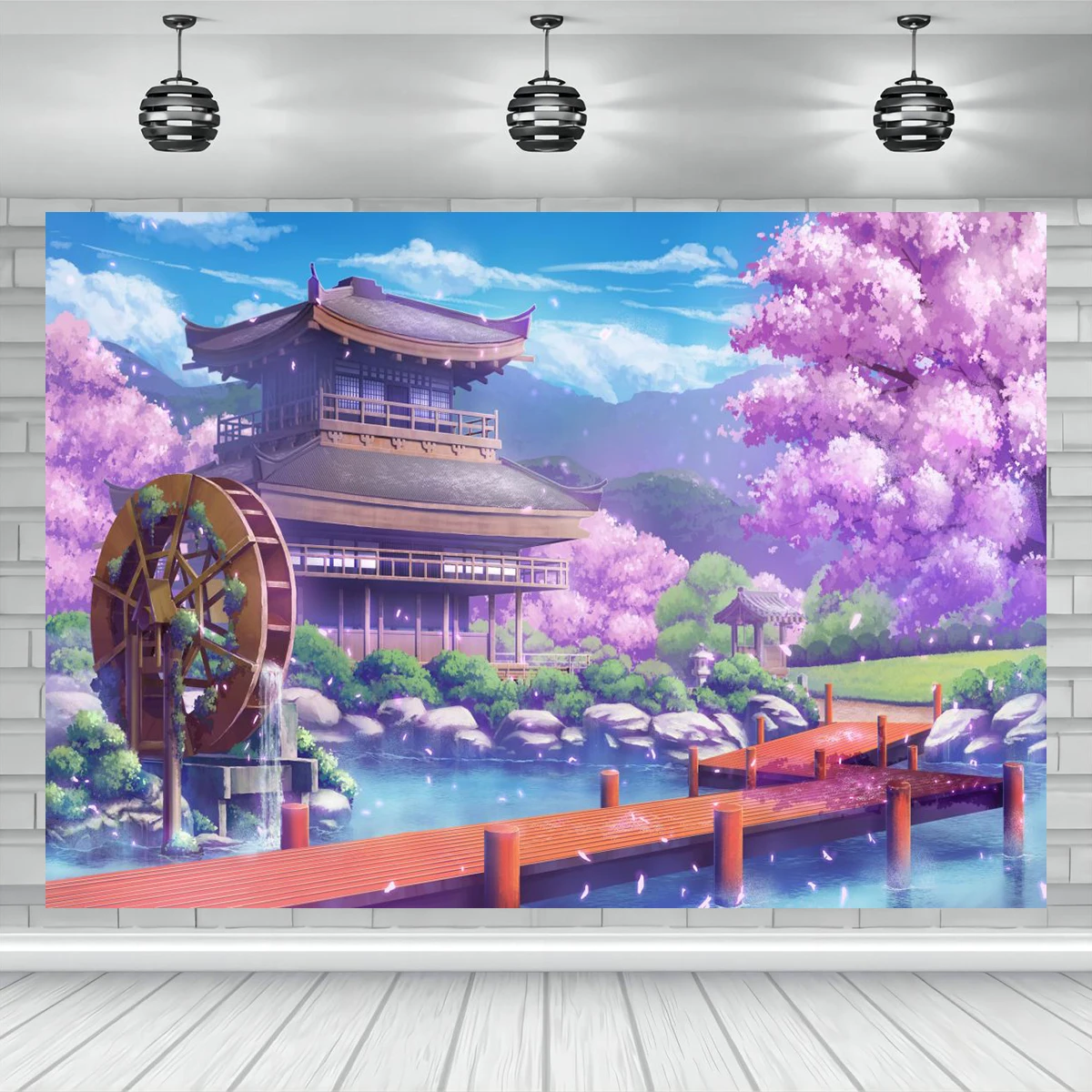 8x6ft Japanese Countryside Backdrop Cartoon Anime Party Decoration Cherry Blossom Temple Photography Room Comics Show Banner