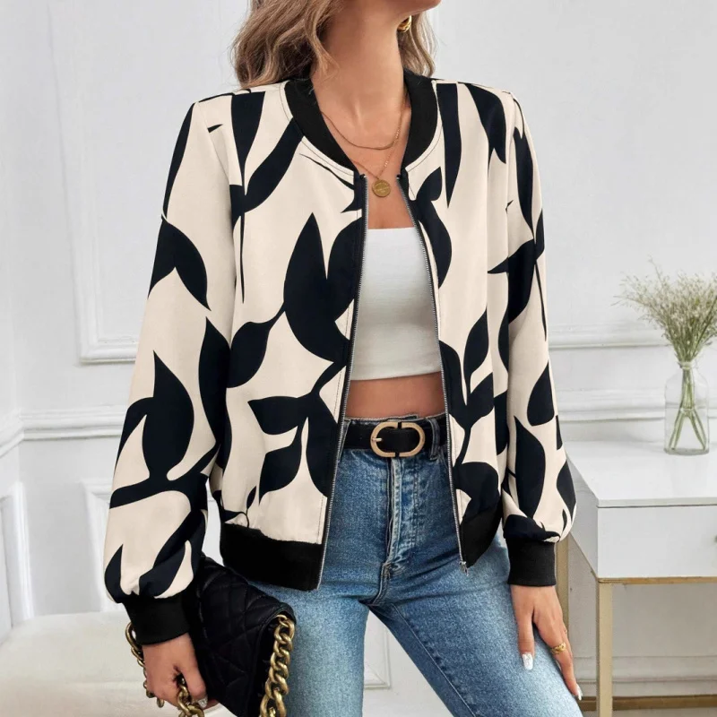 

2025European and American Autumn Winter New Printed Zipper Elegant Casual Coat Women
