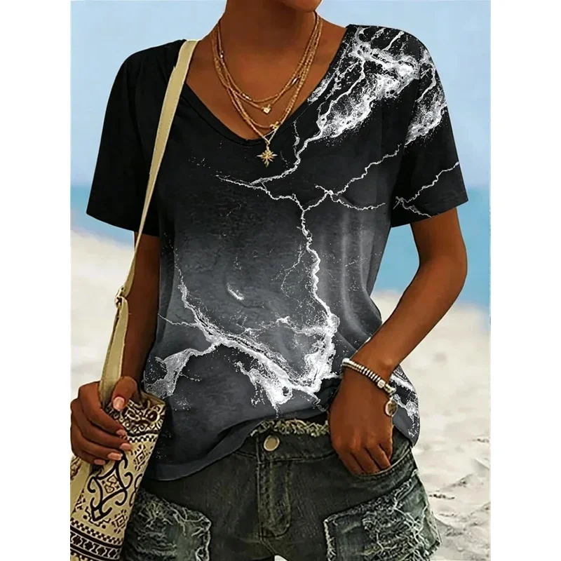 Women's T-shirt with Marble Gradient Print and V-neck, Casual Short-sleeved Blouse, Modern and Abstract Style