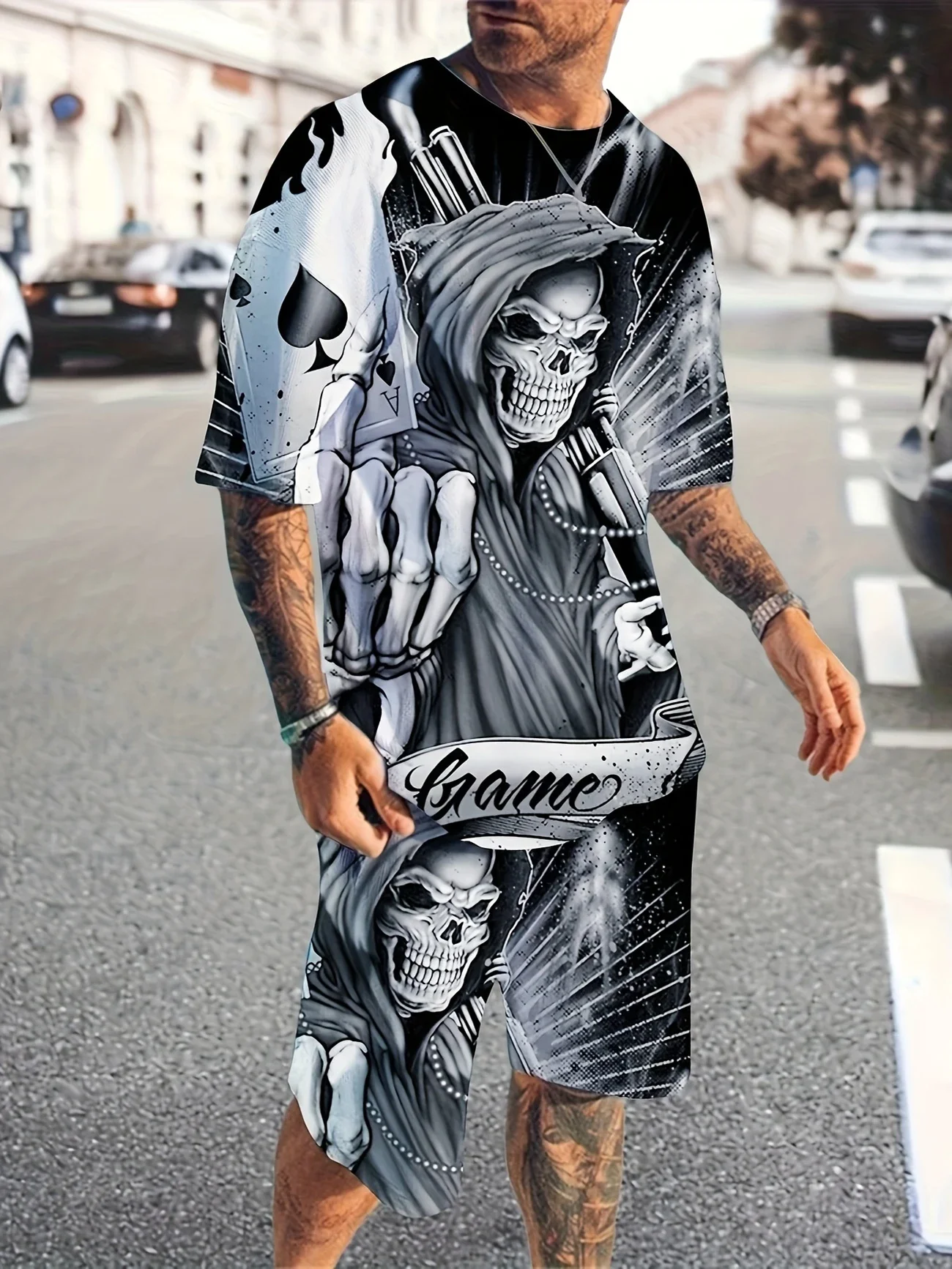 Men's Summer 3D Skull Print Short Sleeved T-shirt and Shorts Set Casual Party Clothing Hip-hop Street Style