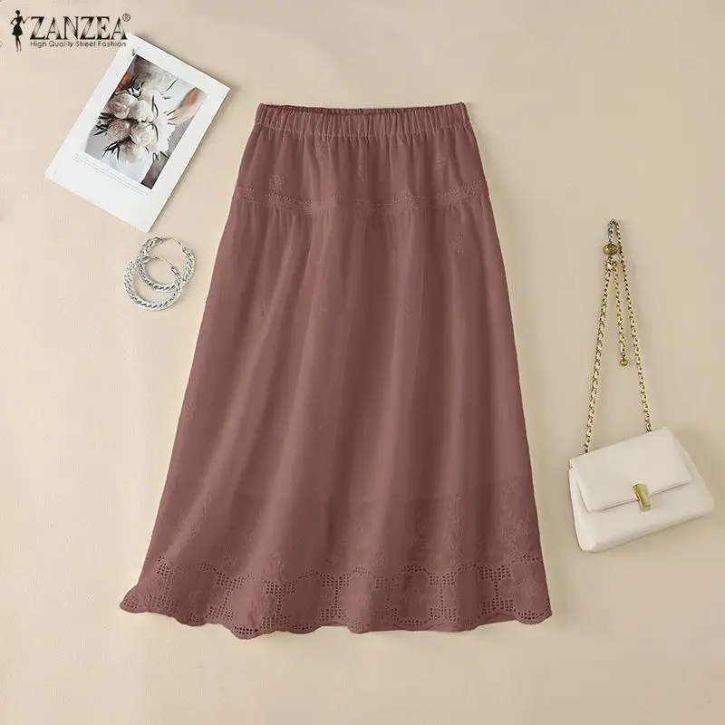 Elegant Women's Lace Patchwork Midi Skirts Embroidered A-Line Long Skirt ZANZEA Summer Casual Elastic Waist Faldas de Mujer
