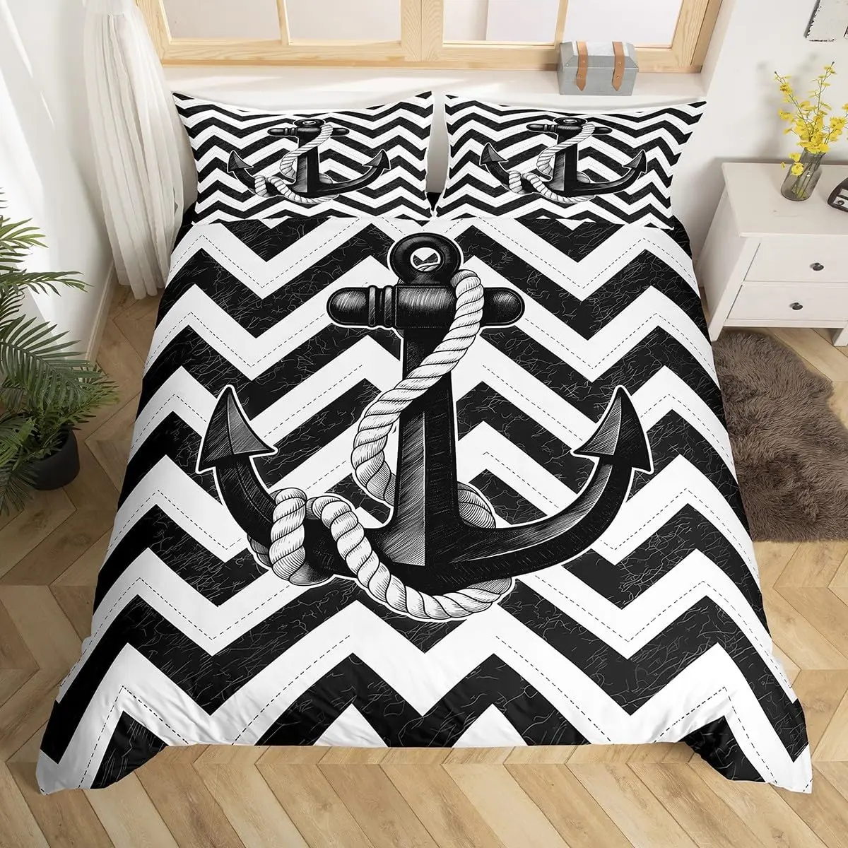 Nautical Anchor Duvet Cover,Geometric Stripes Anchor Bedding Set Twin for Boys Girls Room Decor,Ocean Adventure Comforter Cover
