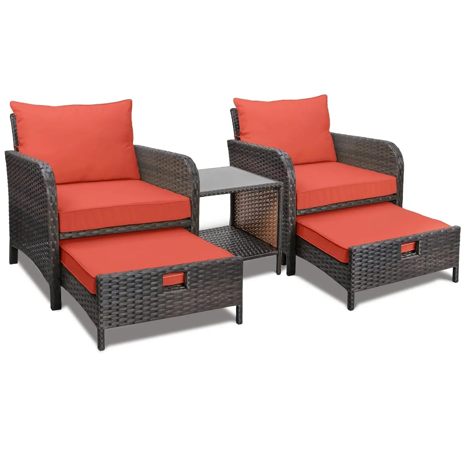 Wicker Patio Set 5 Piece Outdoor Lounge Chairs with Cushions Ottoman & Glass Table for Balcony Porch, Customized