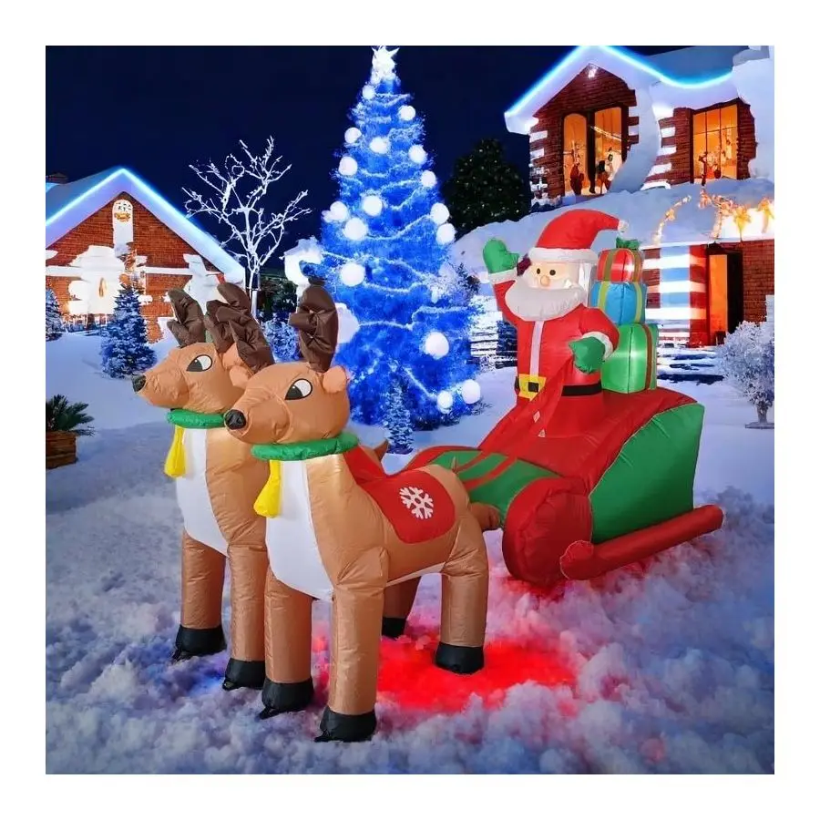 

Надувная фигура для уличного декора, 2,4 м, Рождественский надувной олень, толкающий машину, Гигантский Санта-Клаус, водящий гоночную машину в снегу