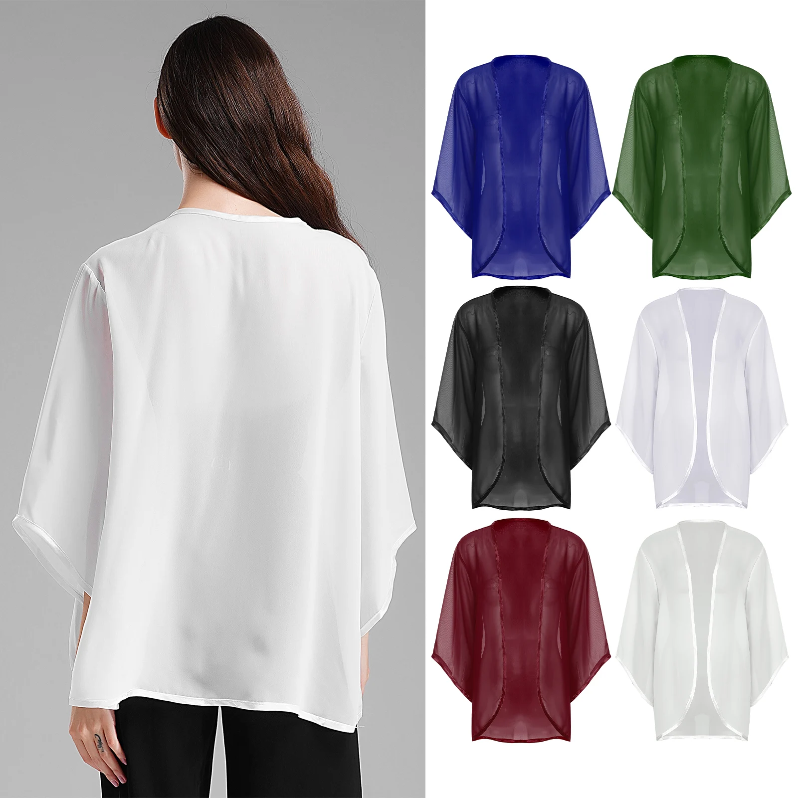 Sheer Chiffon Cardigan Shawl for Womens Korean Elegant Casual Loose 3/4 Sleeve Open Front Shrug Wraps Cover-Ups Beachwear Shirt