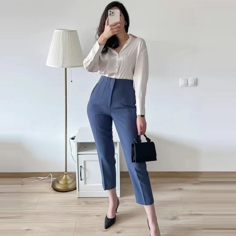 HXAO 2025 سراويل نسائية ملابس مكتب امرأة عالية الخصر متوهج السراويل النسائية الخياطة السراويل أنيقة أنيقة السراويل الحضرية 066