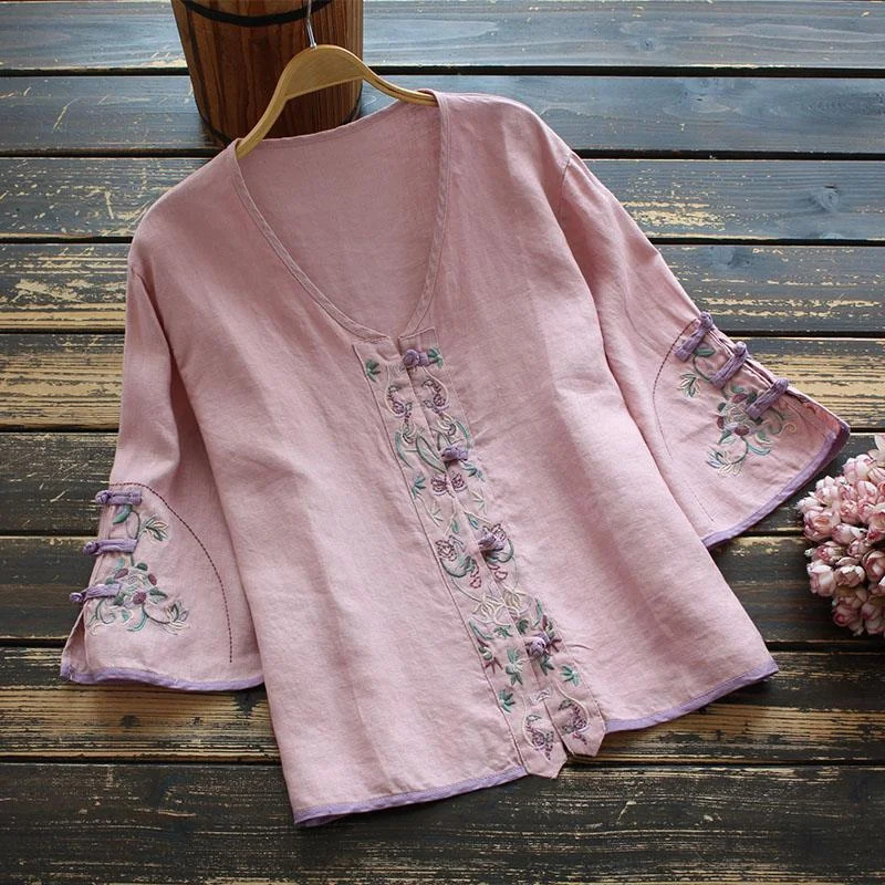 

Top T-shirt Cotton Linen Casual Summer Fashion Chinese Embroidery European and American Style Women's Elegant Loose Blouse 2023