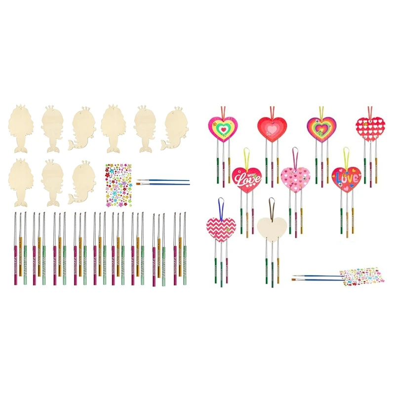 9 Pack Heart Wind Chime Make You Own Love Wind Chimes DIY Colorful Valentine's Day Wooden Craft