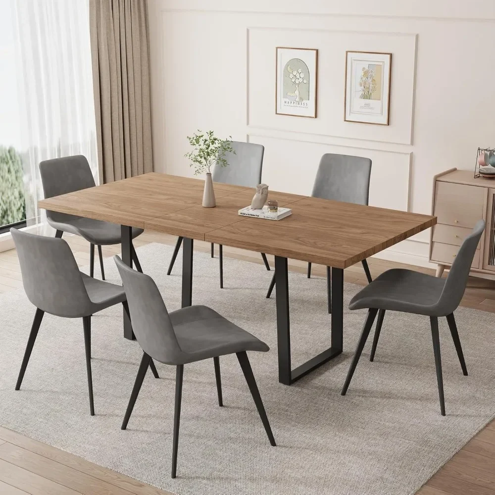 

Expandable Walnut Dining Table and 6 Upholstered Chairs, 7-Piece Dining Room Furniture Set, Mid-Century Modern Style