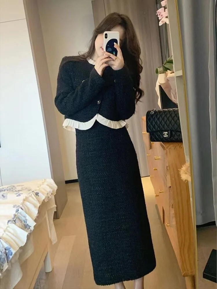 

Модный комплект в стиле Хепберн для ранней осени: женский костюм с длинной юбкой, теплый топ с круглым вырезом и длинными рукавами из полиэстера