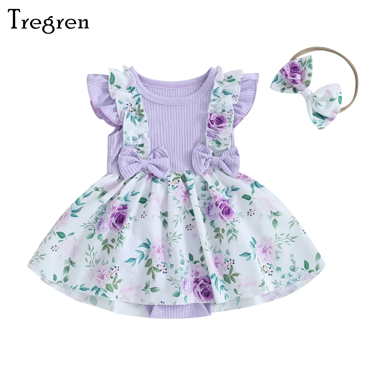 

Tregren Cute Baby Girl 2Pcs Summer Outfits Sleeveless Bow Front Ribbed Romper Dress with Headband Set for Newborn Infant Clothes