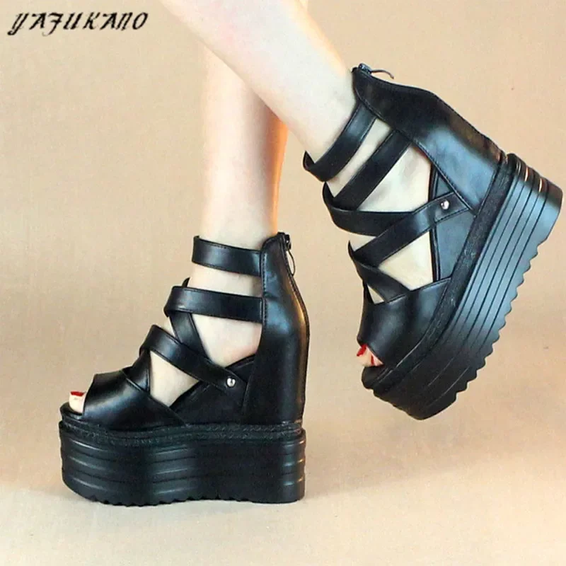 

Summer Wedge Thick Sole Gladiator Rome Shoes Increase Height Cross Band Muffin Women Sandals Hollow Platform Peep Toe High Heels