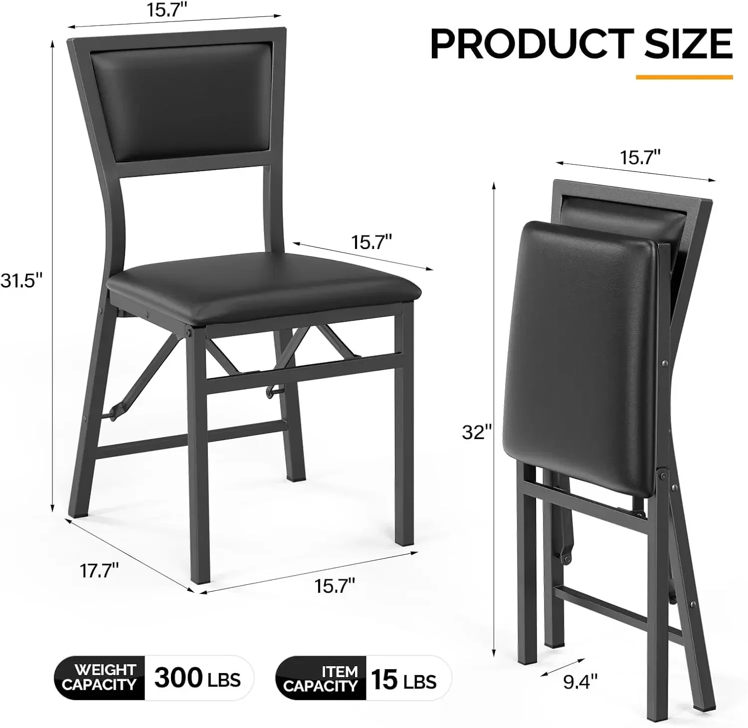 Sillas plegables acolchadas, sillas de comedor plegables con cojín, estructura de metal resistente para espacios pequeños, negro (2)