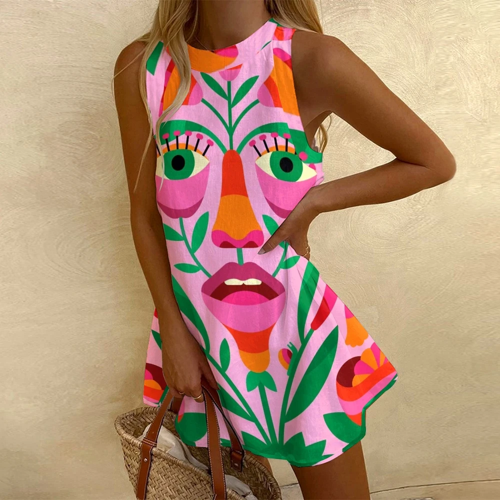 Vest Skirt Y2K  Seaside Sundress Clothes Graphic Sleeveless Women\'s Dress Fashion Trend Block For Holiday Wear Summer Clothing