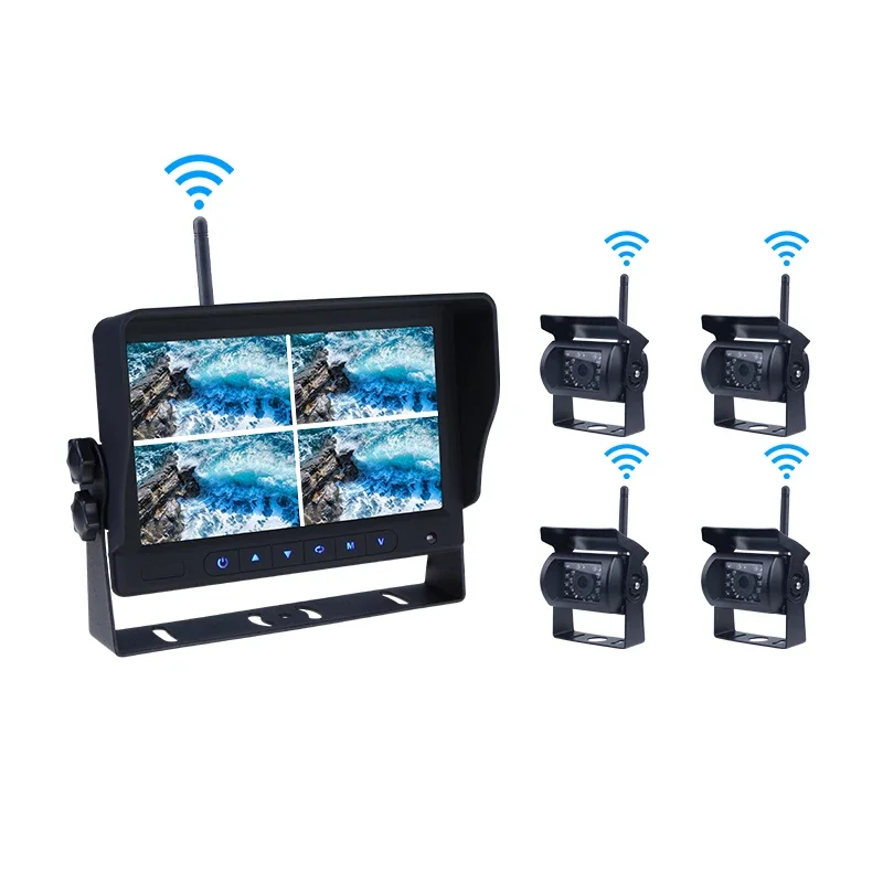 4ch Wireless Truck Rearview Camera System 7 Inch Full HD AHD 2.4G Digital Wireless Backup Camera Quad Monitor Rear View System