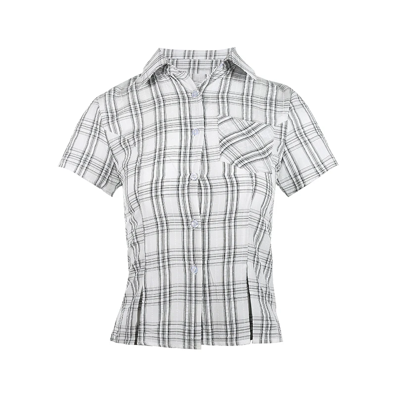 Genayooa Y2k Japanisches Hemd für Damen, schmal geschnitten, kurzärmelig, kariertes T-Shirt, amerikanische Retro-Vintage-Bluse und Hemd, Streetwear, lässiges Oberteil – Detail 11