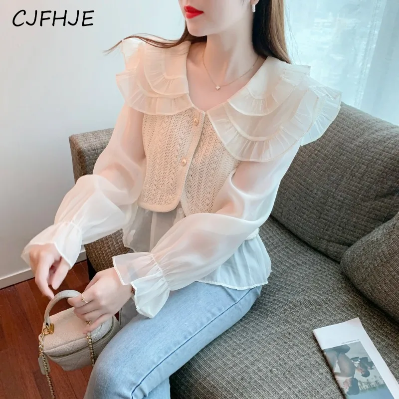 CJFHJE French Women's Sweet Doll Collar Shirt Spring Korean Fashion Classic Women Patchwork Chiffon Long Sleeved Short Shirt Top